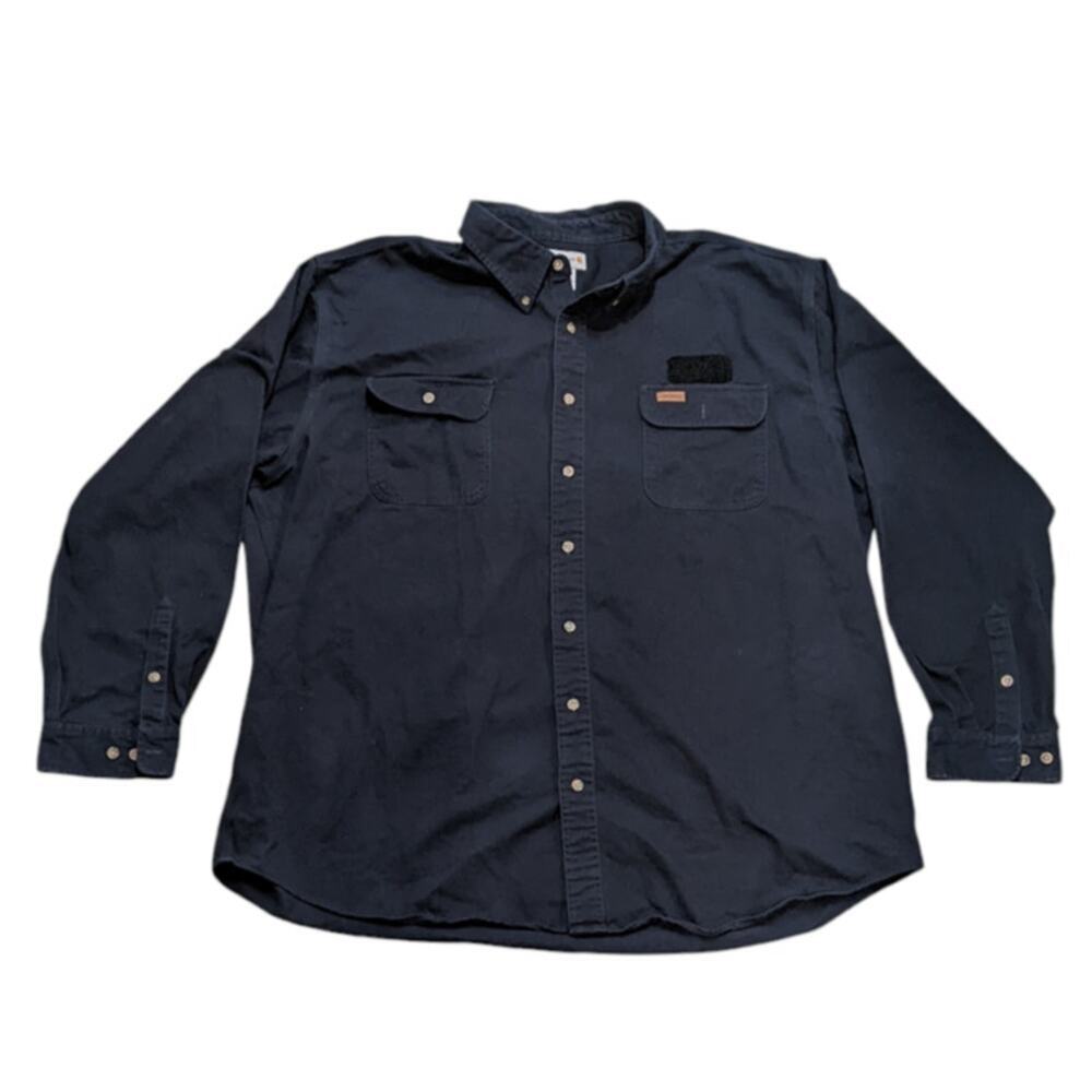 Carhartt 3XL Tall Navy Heavy Work Wear Button Down Leather Tag Velcro Patch